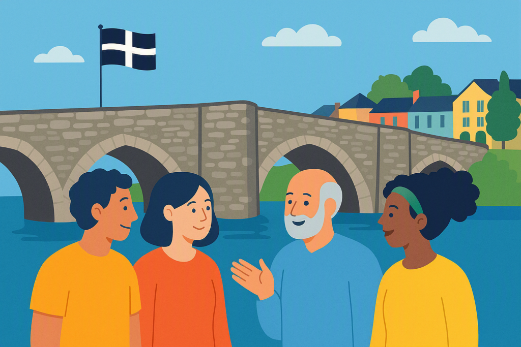 Diverse group of people talking in front of Lostwithiel Bridge